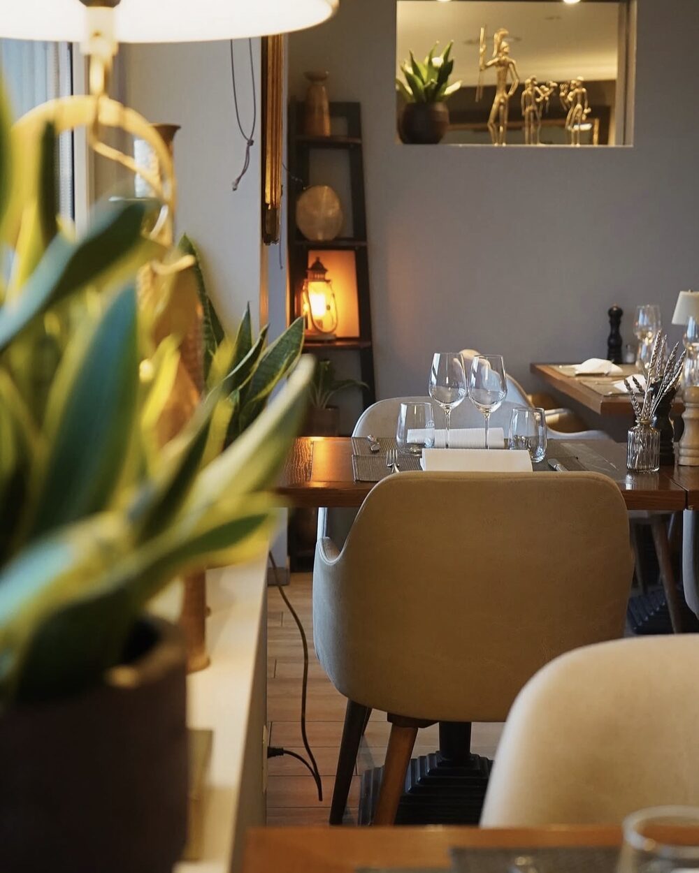 La salle côté fenêtres du Restaurant L’Étoile, plantes et fauteuils clairs