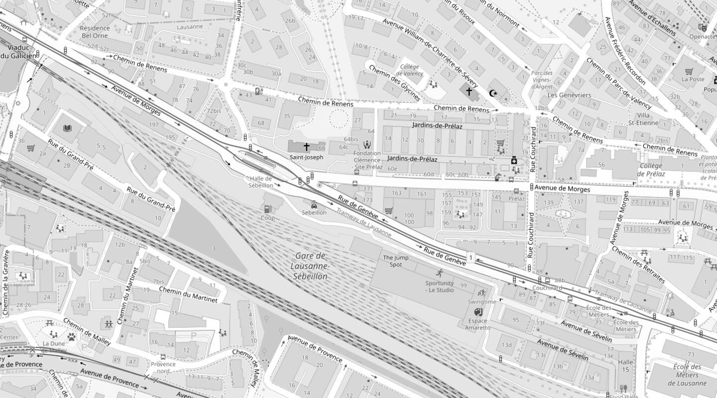 Plan du quartier de Malley à Lausanne, situant le Restaurant L’Étoile rue de Genève 102